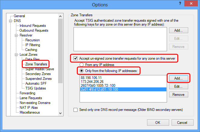 AXFR setup screen in Simple DNS Plus