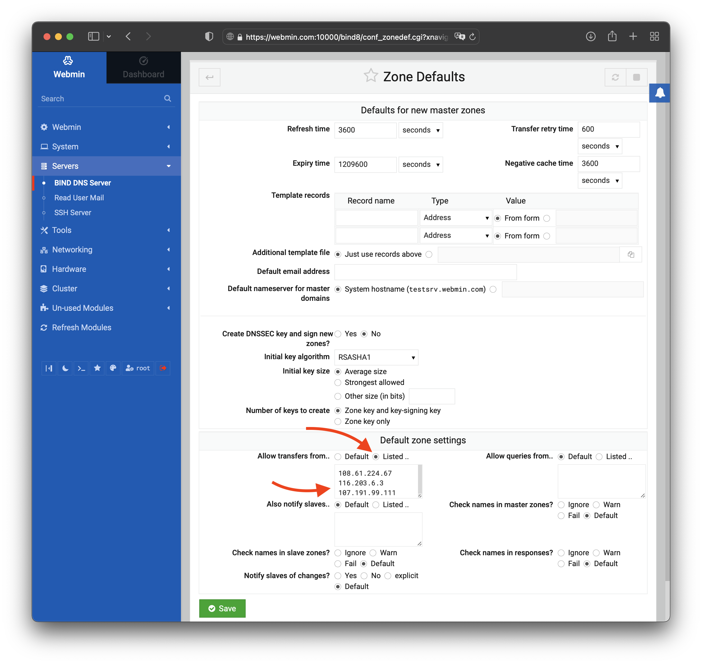 Webmin AXFR setup screen